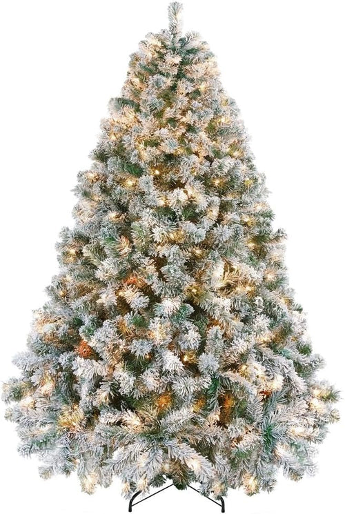 Yaheetech 6ft Snow Flocked Pre-lit Christmas Tree with 250 Warm White Lights, 820 Lush Branch Tips & Quick-Assembly Hinged Design, Full Artificial Xmas Tree for Winter Holiday Décor, Green & White