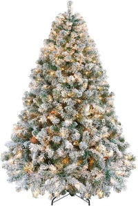 Yaheetech 6ft Snow Flocked Pre-lit Christmas Tree with 250 Warm White Lights, 820 Lush Branch Tips & Quick-Assembly Hinged Design, Full Artificial Xmas Tree for Winter Holiday Décor, Green & White