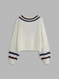 CIDER Cable Knit Sweater Women V Neck Long Sleeve Pullover Striped Trim Regular Fit Knit Top Fall Sweaters