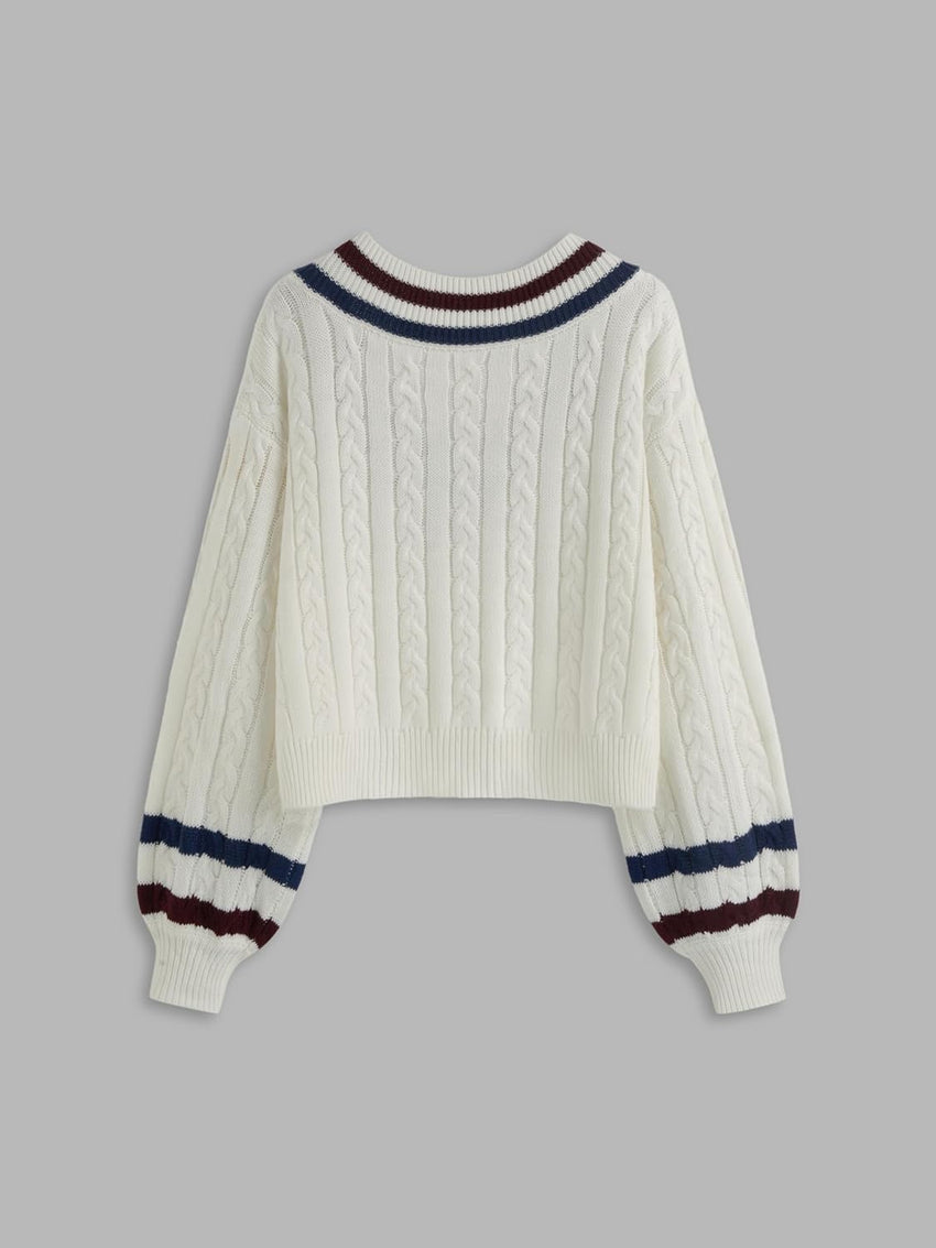 CIDER Cable Knit Sweater Women V Neck Long Sleeve Pullover Striped Trim Regular Fit Knit Top Fall Sweaters