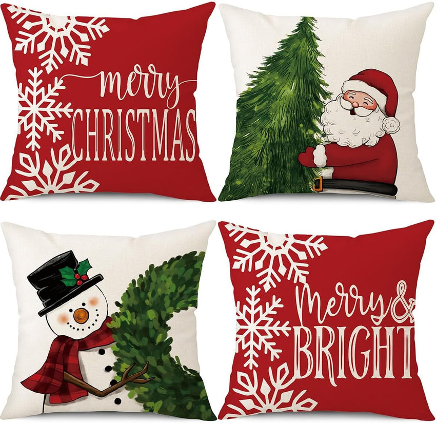 PSDWETS Christmas Pillow Covers 18x18 Set of 4 Christmas Decorations Snowman Deer Tree Winter Holiday Decor Throw Cushion Case for Home Couch