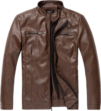 7DAY'S Men's Stand Collar Leather Jacket Motorcycle Lightweight Faux Leather Outwear