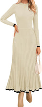 ZESICA Women's Long Sleeve Sweater Dress Fall 2025 Crewneck Ribbed Knit Pleated A-Line Maxi Wedding Guest Dresses