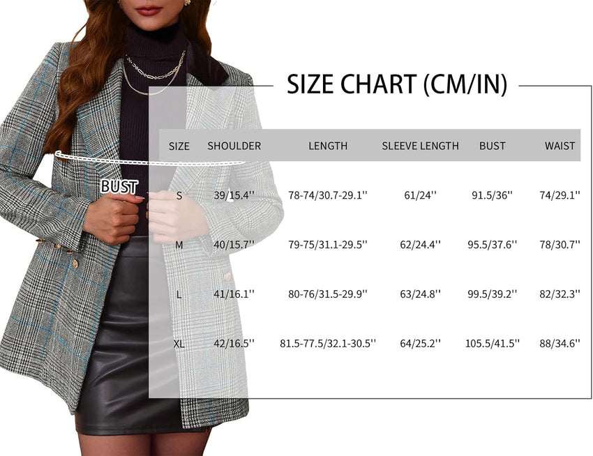 Mina Self 2025 Fall Women's Plaid Blazer - Houndstooth Long Double-Breasted Fully-Lined Slim Casual Work Office Jacket