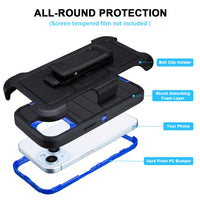 for Rugged iPhone 15 Case with Belt Clip Holster, Military Grade Heavy Duty Shockproof Cover for iPhone15 Case Protective with Stand 6.1 Inch (Black+Blue)