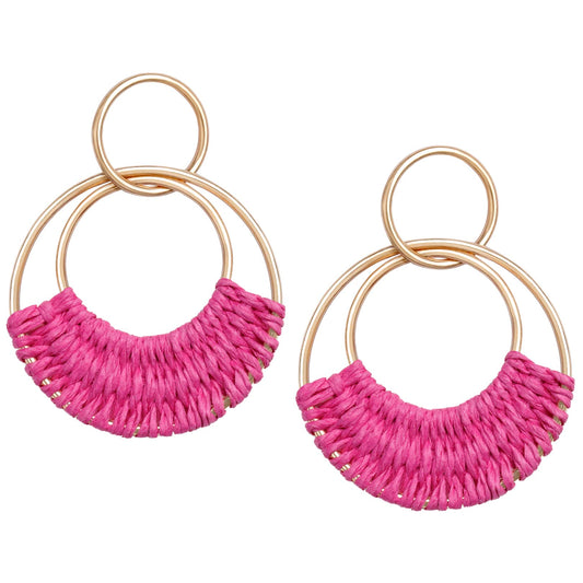 Raffia Hoop Earrings for Women Fun Boho Summer Beach Earrings Lightweight Handmade Straw Wicker Rattan Dangle Earrings Statement Geometric Round Drop Earrings
