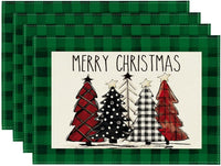 Artoid Mode Waterclor Buffalo Plaid Christmas Trees Placemats Set of 4, 12x18 Inch Winter Table Mats for Outdoor Home Party Kitchen Dining Decor