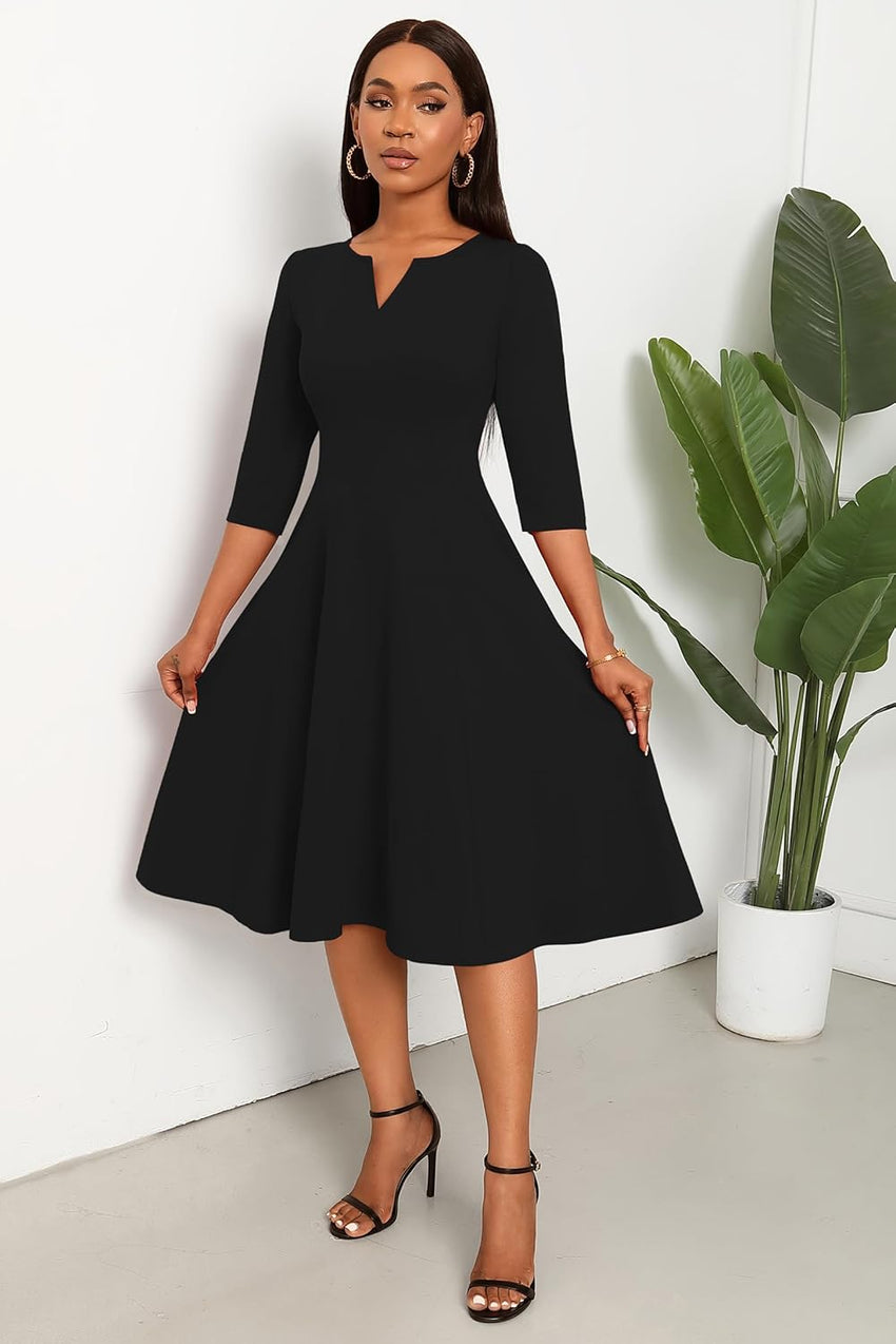 Nmoder Midi Dresses for Women A-Line Fit and Flare Dress 3/4 Sleeve V Neck Cocktail Wedding Guest Work Dress with Pockets