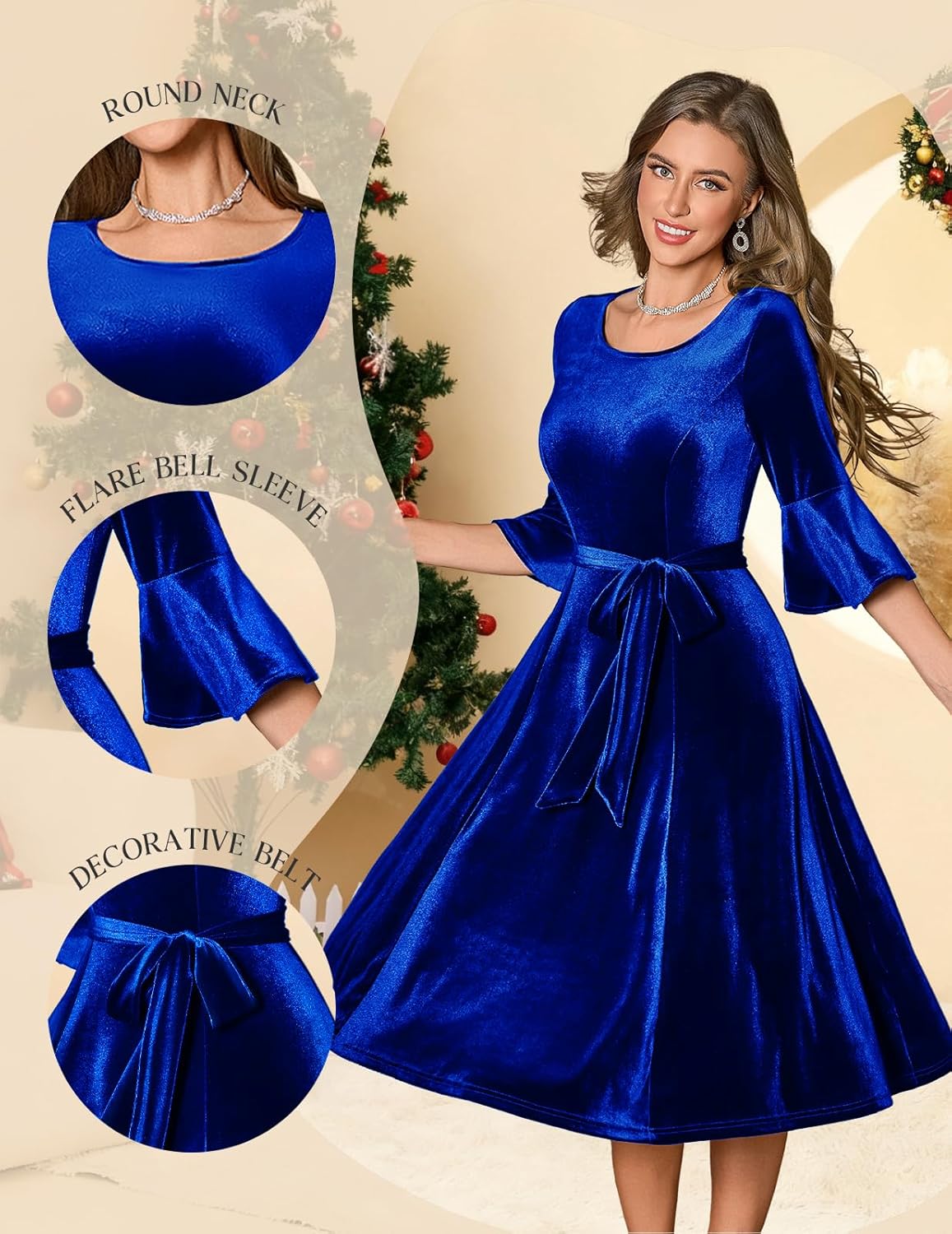 HomRain Women's Long Sleeve Velvet Midi Dresses for Wedding Guest Church Formal Winter Christmas Cocktail Party