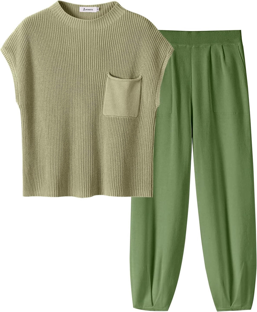 ANRABESS Women's Two Piece Outfits Knit Sweater Vest Crop Top Pants Lounge Matching Tracksuit Sweatsuit Travel Clothes Sets