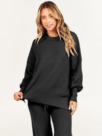 ANRABESS Womens 2 Piece Outfits Fall Lounge Set 2025 Oversized Chunky Knit Sweater Top Wide Leg Pants Loungewear Clothes