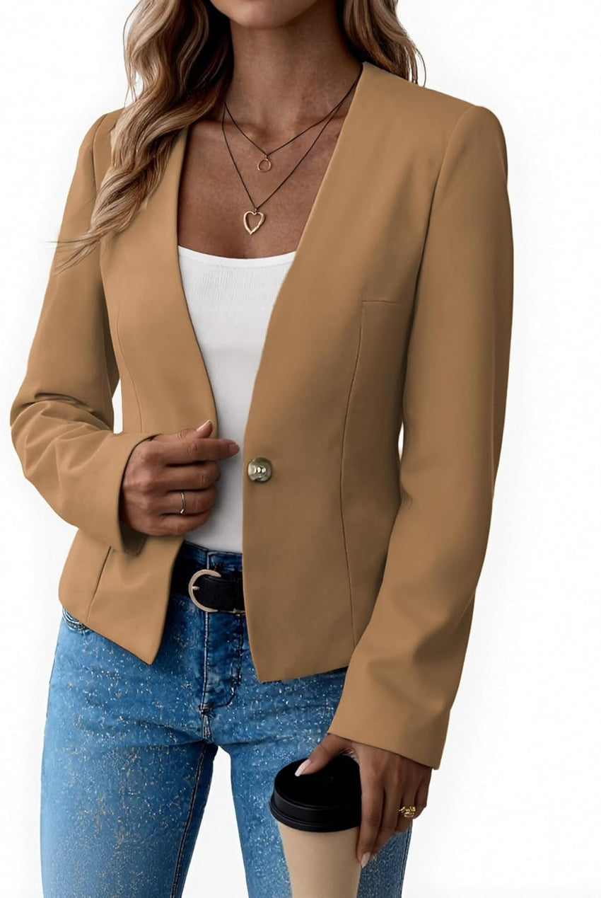 Mina Self 2025 Fall Women's Casual Blazer - Collarless Open Front Full-Lined Slim Petite Lightweight Trendy Work Jacket