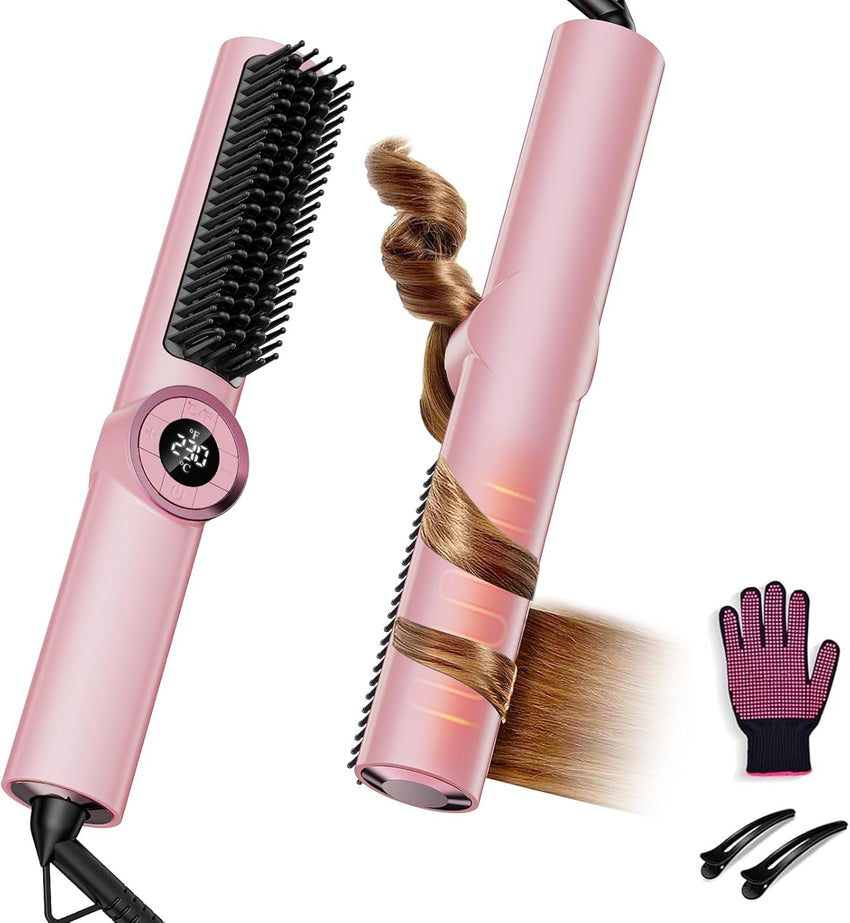 Hair Straightener Brush: 3-in-1 Curling & Straightening Comb with Dual Voltage, Hot Comb with Ionic Coating, Black