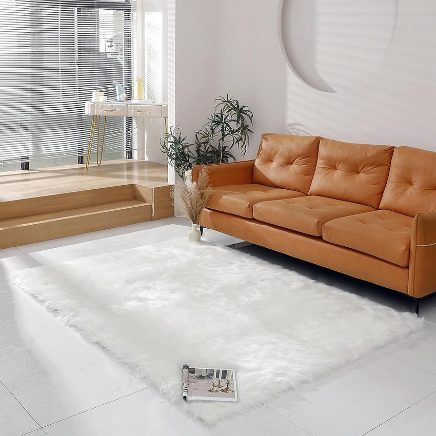 Faux Fur Rug Sheepskin Shag Fluffy Fuzzy White 2x6 ft Runner Rugs for Bedroom Bedside Bed Floor Living Room Plush High-Density Cushion Carpet Super Sofa Cover