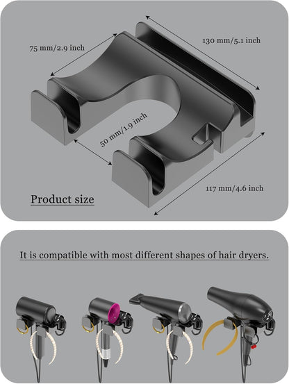 NOTMBESTM Universal Hair Dryer Holder Wall Mounted, Blow Dryer Holder Cabinet Door, Hairdryer Holder for Bathroom, Hair Dryer Storage Rack Fixed by Screw or Adhesive (Black)