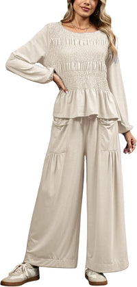 Womens 2-Piece Boho Long Sleeve Smocked Top & Wide Leg Pants Set Casual Lounge Outfit with Pockets