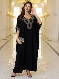 Women V Neck Embroidery Kaftan Dress Loose Casual Beach Cover Up Long Caftans Maxi Dresses