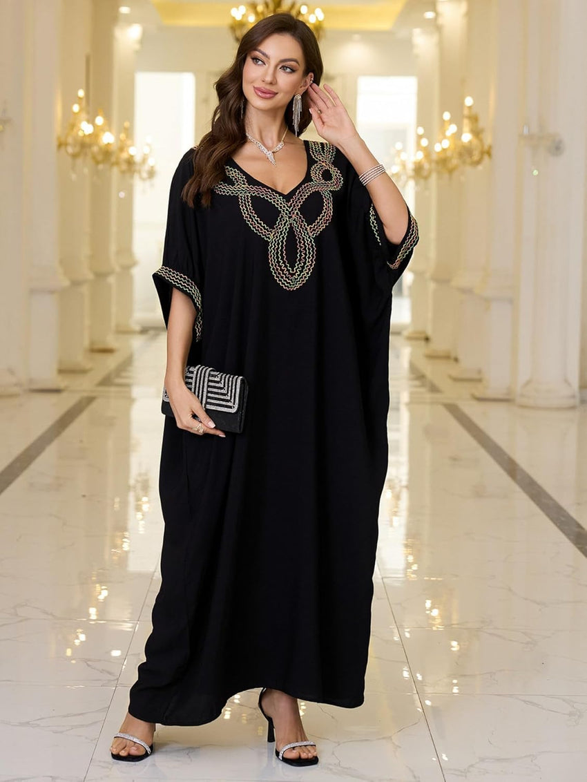 Women V Neck Embroidery Kaftan Dress Loose Casual Beach Cover Up Long Caftans Maxi Dresses