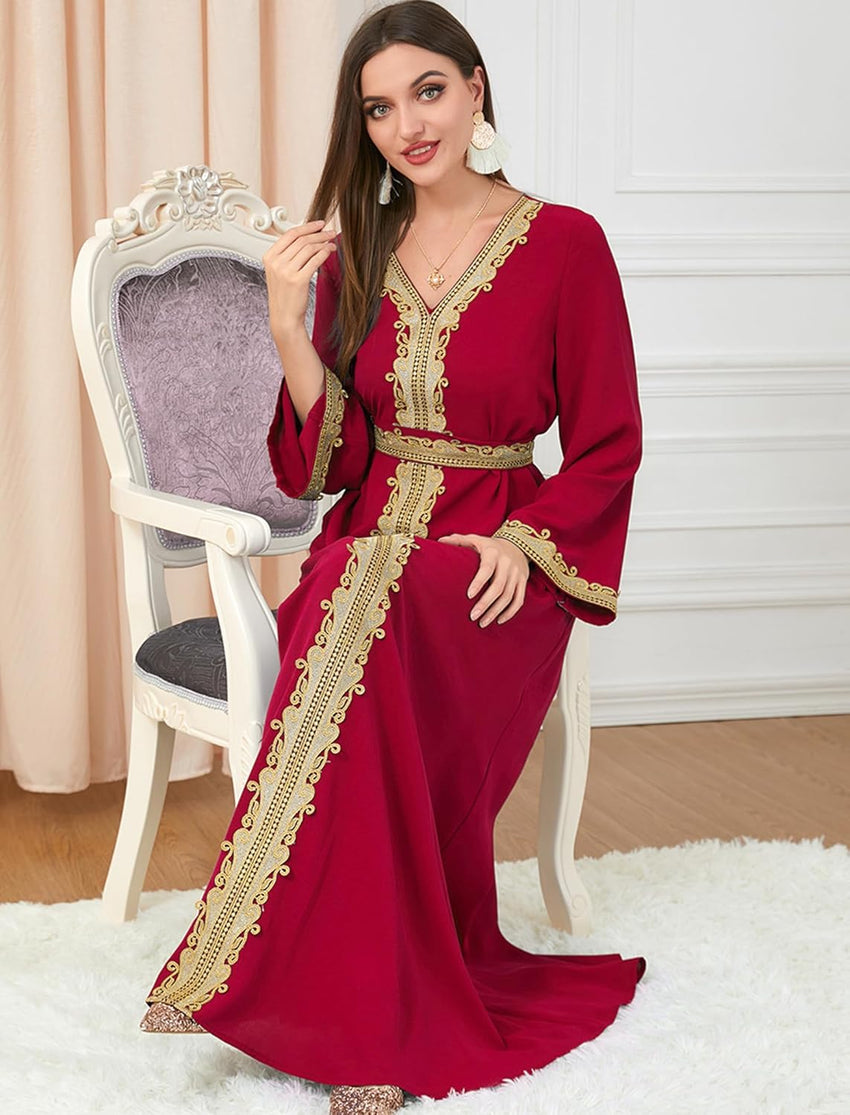 Muslim Kaftan Abaya Moroccan Long Sleeve Dress for Eid Ramadan V Neck Lace Belted Dress Kaftan Dubai Islamic Dress