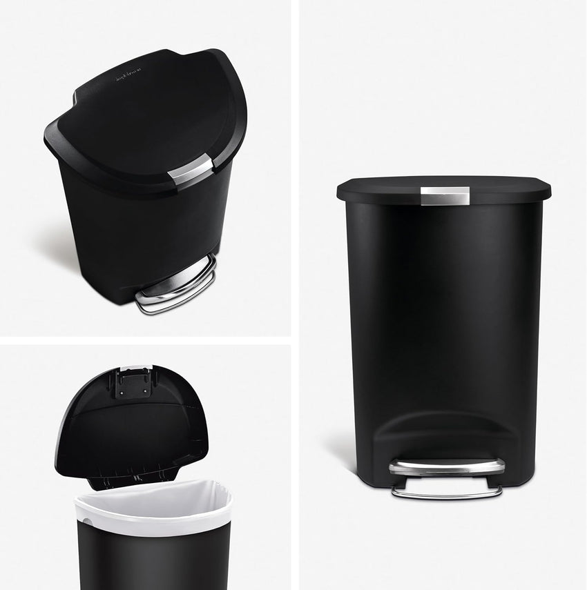 simplehuman 50 Liter / 13 Gallon Semi-Round Kitchen Step Trash Can with Secure Slide Lock, Black Plastic