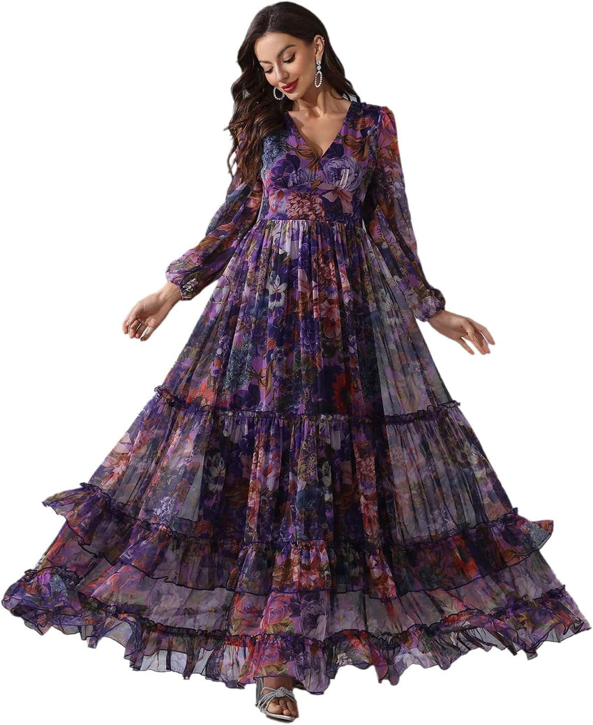 Summer Casual Dresses for Women 2024 Spring Fashion Boho V Neck Long Sleeve Ruffle Floral Print Elegant Maxi Dress