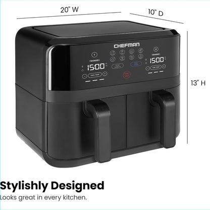 Chefman TurboFry Touch Dual Air Fryer, Maximize The Healthiest Meals With Double Basket Capacity, One-Touch Digital Controls And Shake Reminder For The Perfect Crispy And Low-Calorie Finish