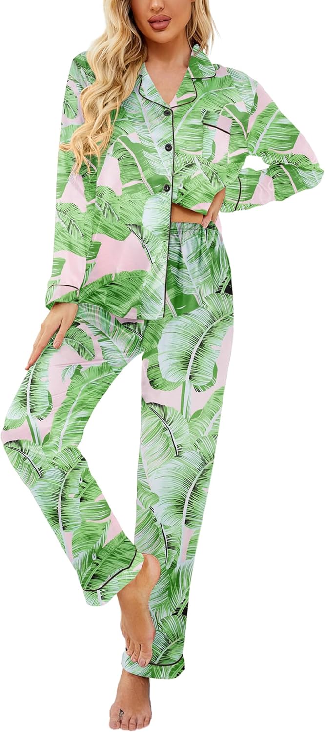 Ekouaer Womens Satin Pajama Set Classic Pattern Silky Pj Sets Button Down Sleepwear Loungewear