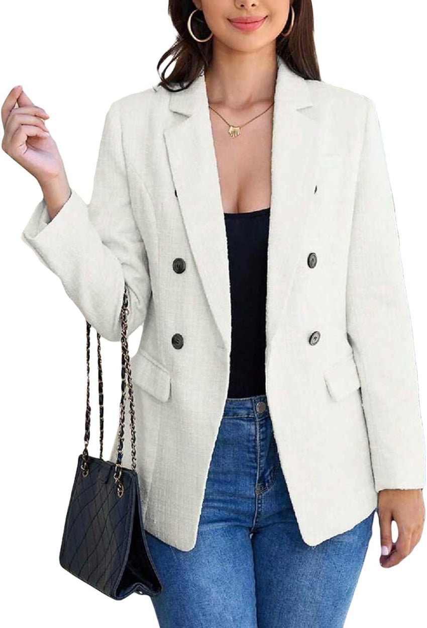 Mina Self Womens 2024 Tweed Blazers Warm Double Breasted Lapel Long Sleeve Fashion Casual Work Suits Jacket