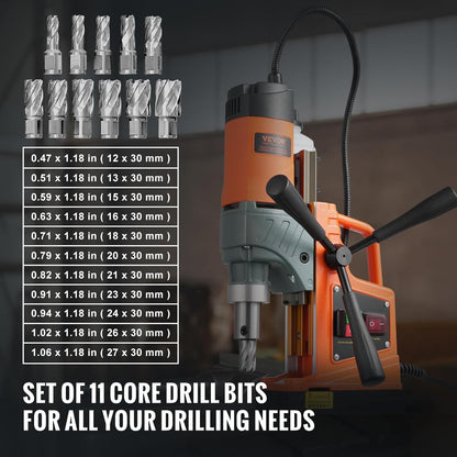 VEVOR Mag Drill Press, 1300W 1.57" Boring Diameter, 2922lbf Power Portable Magnetic Drill, 810 PRM, 11Pcs Drill Bits Electric Drilling Machine for Metal Surface, Industrial and Home Improvement