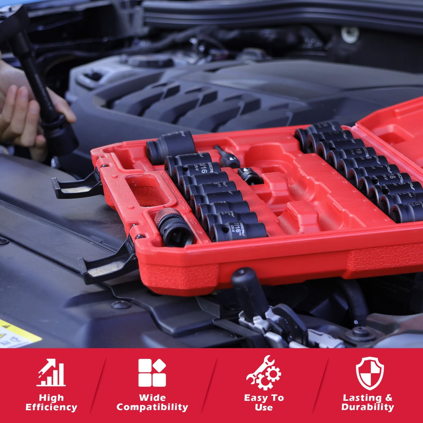 29-Piece 1/2" Drive Impact Socket Set, SAE (3/8 to 1 inch) and Metric (10-24mm) Sizes with Extension Bars Standard Deep Socket Set CR-V Material High Durability Impact Wrench