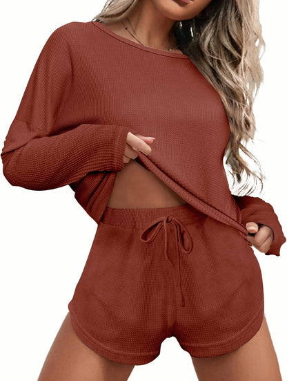 Ekouaer Womens Waffle Knit Pajama Sets Long Sleeve Top and Shorts Matching Lounge Set Loungewear Sweatsuit with Pockets