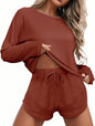 Ekouaer Womens Waffle Knit Pajama Sets Long Sleeve Top and Shorts Matching Lounge Set Loungewear Sweatsuit with Pockets