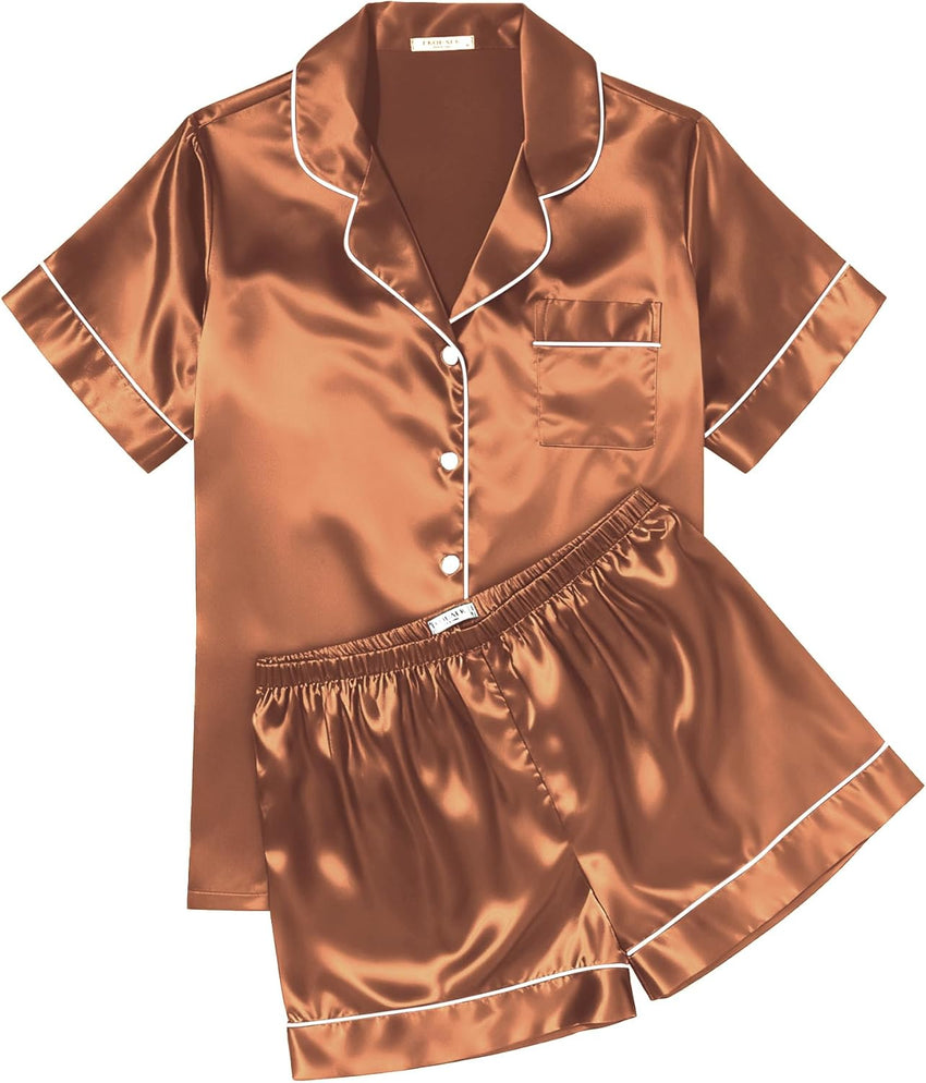 Ekouaer Womens Silk Satin Pajama Sets Soft Short Sleeve Button Down Sleepwear Top and Shorts 2 Piece Pjs Lounge Set