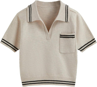 CIDER Short Sleeve Sweater Knit Top Collar Neck Stripe Pullover Casual Elegant Women’s Collared Sweaters