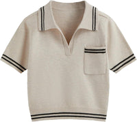 CIDER Short Sleeve Sweater Knit Top Collar Neck Stripe Pullover Casual Elegant Women’s Collared Sweaters