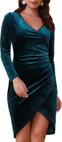 Aphratti Women's Velvet Dress Long Sleeve Wrap V Neck Split Ruched Bodycon Cocktail Party Fall Dresses for Wedding Guest 2025