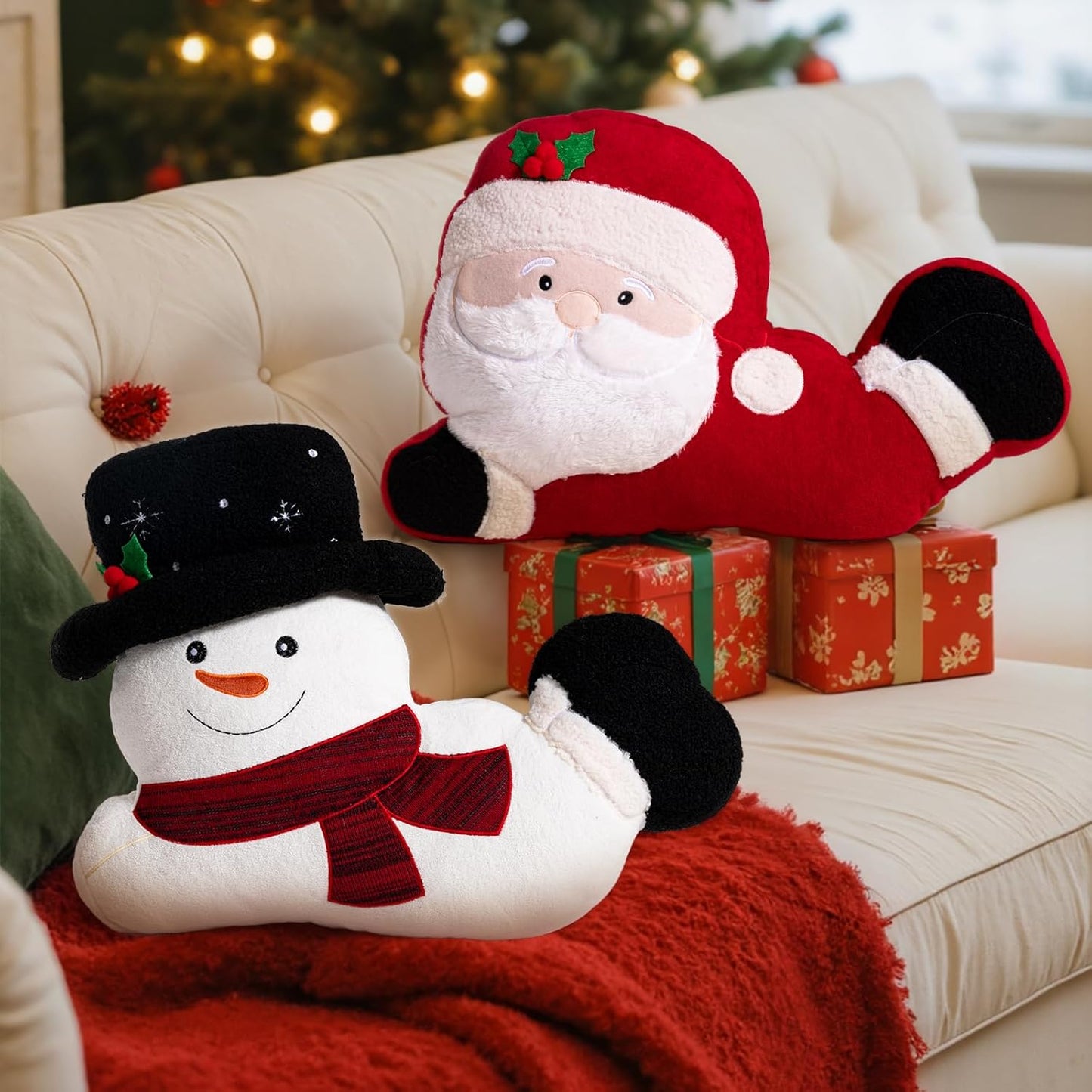 Lanpn Christmas Santa Snowman Throw Pillows Set of 2, Christmas Decoration Winter White Throw Pillows Soft Fleece Cute Throw Cushion for Sofa Bedroom Xmas Decor (19.5x17 inch & 18x14 inch)
