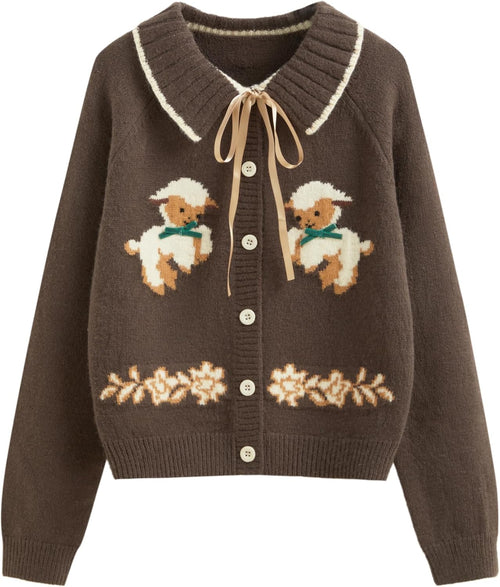 CIDER Women Going Out Knit Cute Cardigan Sweater Sheep Embroidery Ribbon Tie Casual Cardigan