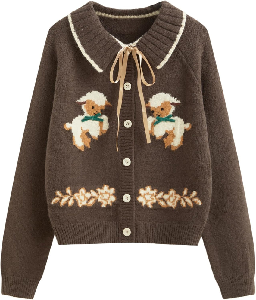 CIDER Women Going Out Knit Cute Cardigan Sweater Sheep Embroidery Ribbon Tie Casual Cardigan