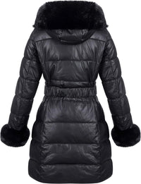 RISISSIDA Women Winter Fur Lined Coat,Puffer Jacket with Long Fur Trim Hooded,Warm Leather Bubble Overcoat Cold-resistant