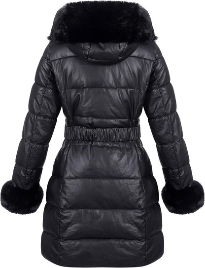RISISSIDA Women Winter Fur Lined Coat,Puffer Jacket with Long Fur Trim Hooded,Warm Leather Bubble Overcoat Cold-resistant