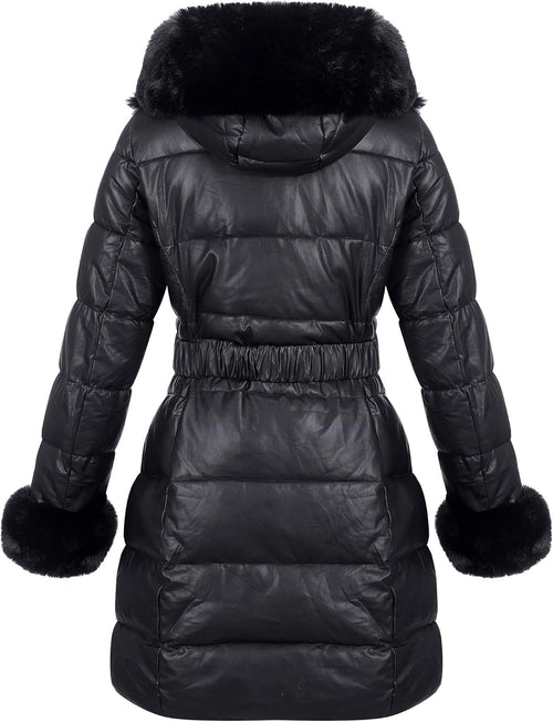 RISISSIDA Women Winter Fur Lined Coat,Puffer Jacket with Long Fur Trim Hooded,Warm Leather Bubble Overcoat Cold-resistant