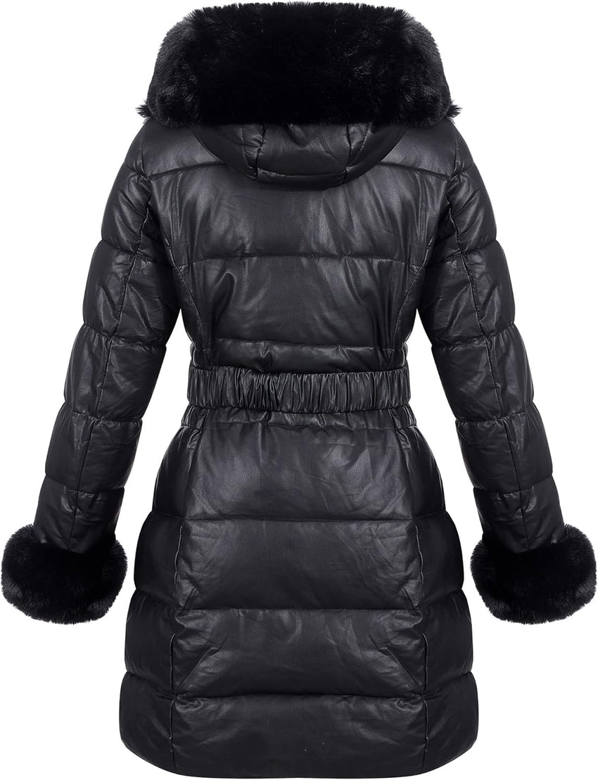 RISISSIDA Women Winter Fur Lined Coat,Puffer Jacket with Long Fur Trim Hooded,Warm Leather Bubble Overcoat Cold-resistant