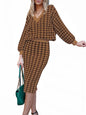 Pink Queen Women's 2 Piece Outfits Set Knit V Neck Batwing Long Sleeve Loose Top Bodycon Midi Skirt Sweater Dresses