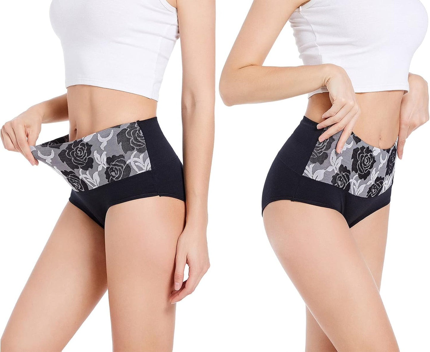 HAVVIS Women's Briefs Underwear Cotton High Waist Tummy Control Panties Rose Jacquard Ladies Panty Multipack