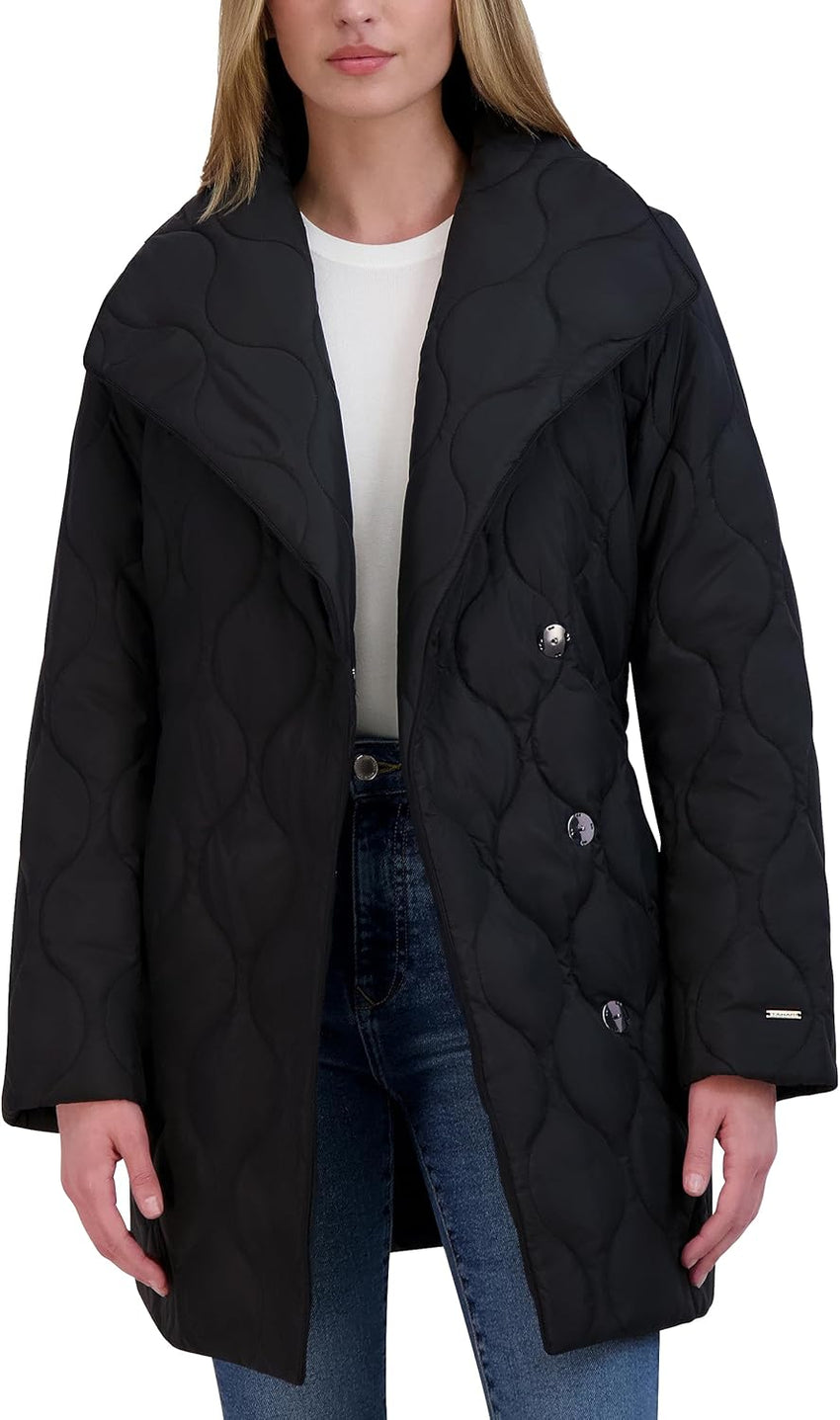 TAHARI womens Hourglass Quilted Wrap Coat