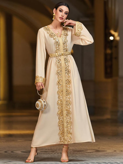Lace Trim V-Neck Kaftan Dress, Long Sleeve Maxi Dress with Belt, Gold Embroidery Women's Evening Gown