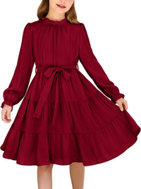 Arshiner Girls Long Sleeve Dress Tween Fall Formal Party Holiday Midi Tiered Flowy Swing Dresses with Belt 5-13 Y