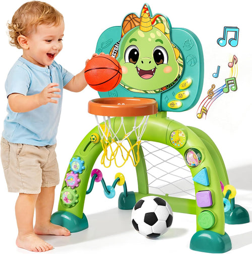 Toddler Basketball Hoop & Soccer Goal, Dinosaur Sports Play Toy Activity Center, Interactive Musical Sports Toys with Light, Christmas Birthday Gift for Boys Girls Age 1-3