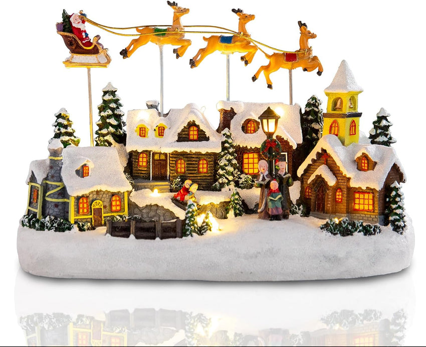 Bdor Christmas Village Lighted Decoration Musical Animated Display Christmas Collectible Santa Battery Operated Resin Indoor Decor